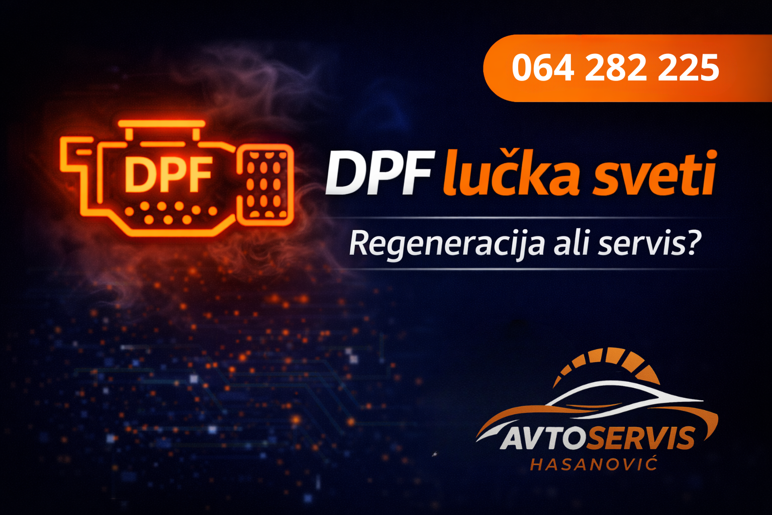 Nadzorna plošča avtomobila s svetlečo DPF lučko, ki označuje potrebo po regeneraciji ali servisu.