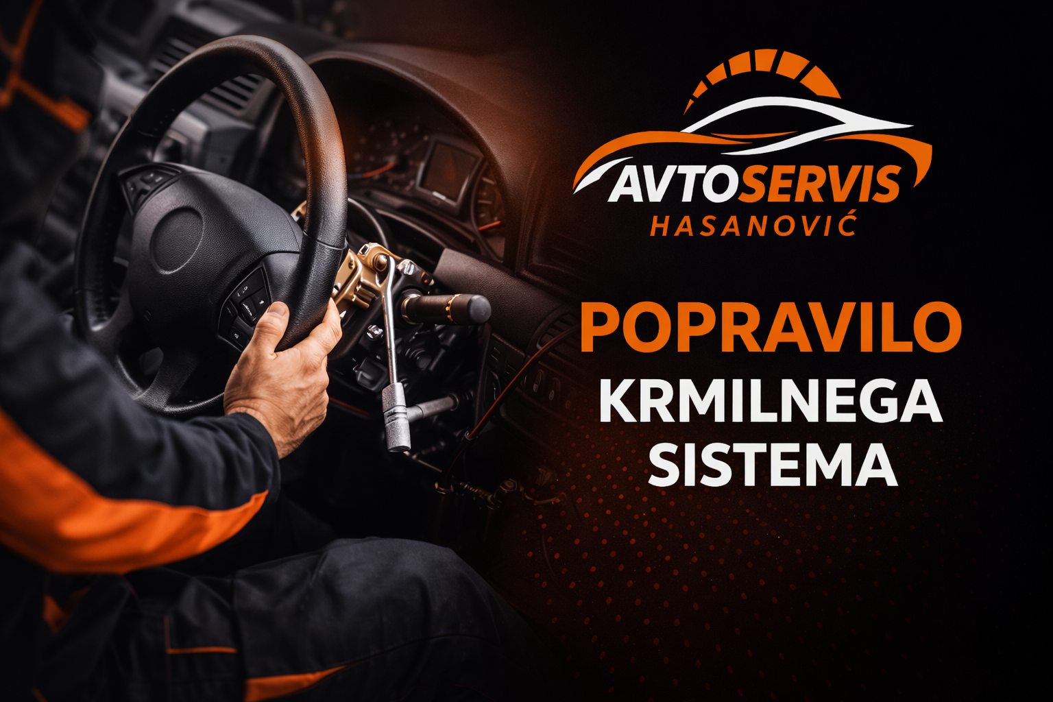 Mehanik popravlja avtomobilski volanski sistem v delavnici Avtoservis Hasanović.