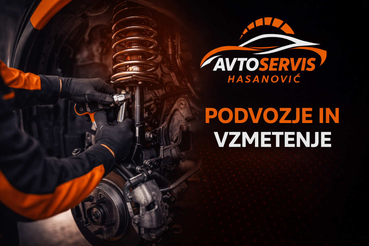 Mehanik preverja podvozje avtomobila na dvigalu v avtomehanični delavnici Hasanović.