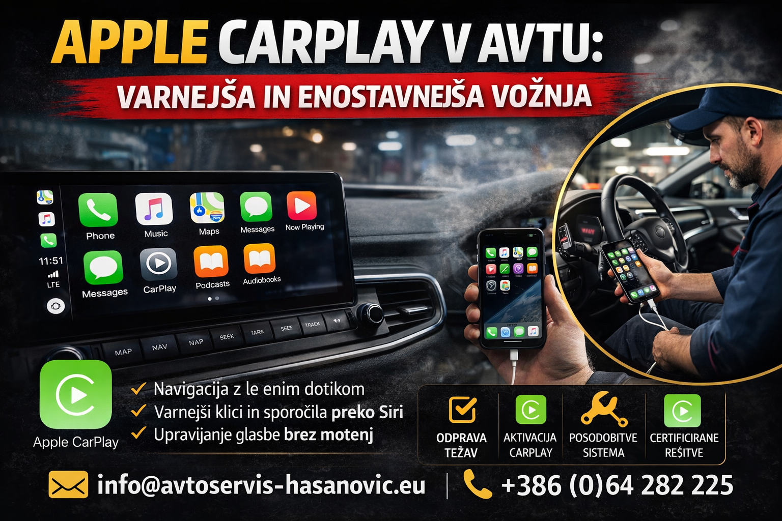 Apple CarPlay zaslon v avtomobilu prikazuje navigacijo in možnosti glasbenega upravljanja za varno vožnjo.