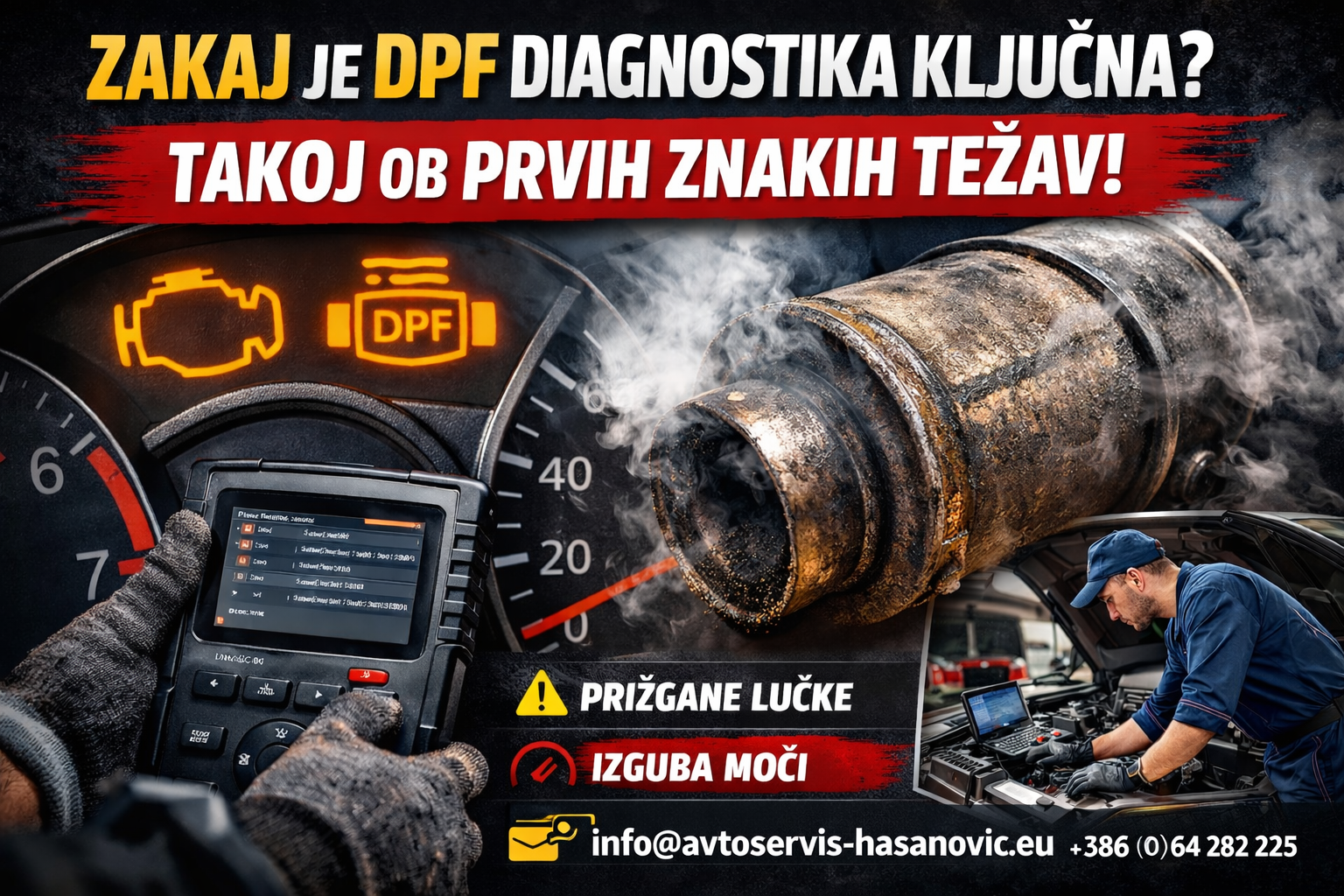Mehanik pregleduje avtomobilski DPF sistem s pomočjo diagnostičnega orodja v avtoservisu.