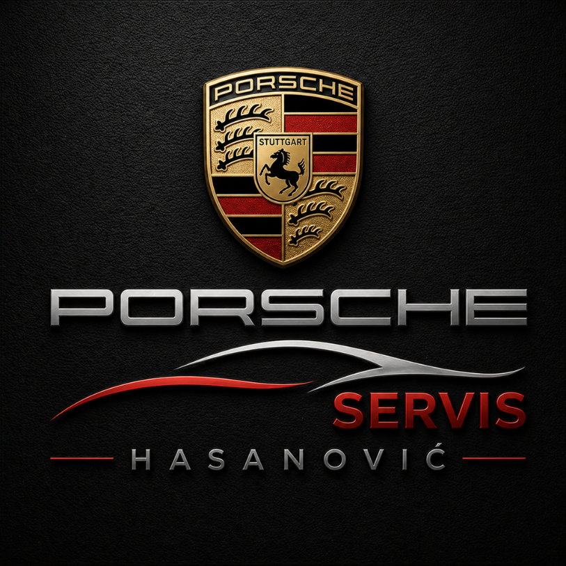 Logotip Porsche Servis Hasanović z emblemom Porsche in stilizirano silhueto avtomobila.