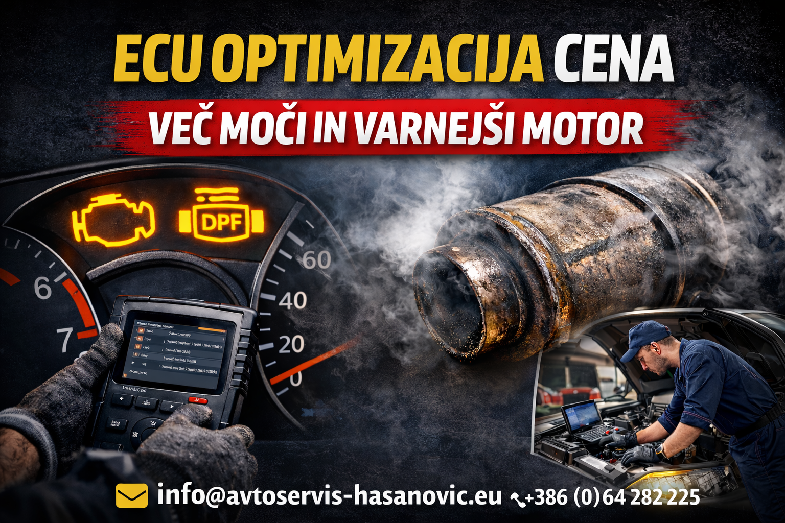 Moški popravlja avtomobilski motor v delavnici, obdano z orodjem, kontaktni podatki v ozadju.